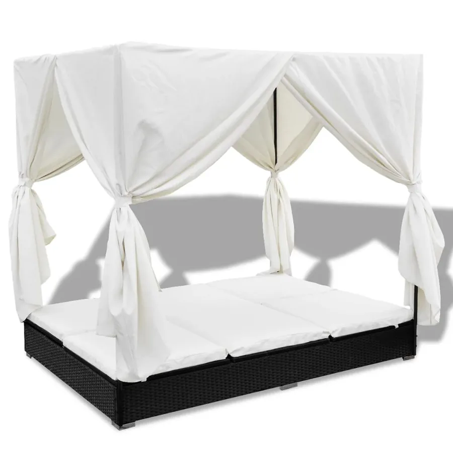 Chaise longue d'extérieur avec rideaux Résine tressée Noir - 2