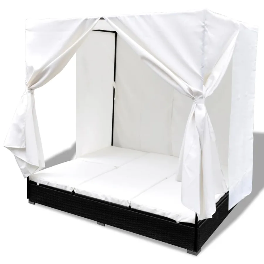 Chaise longue d'extérieur avec rideaux Résine tressée Noir - 4