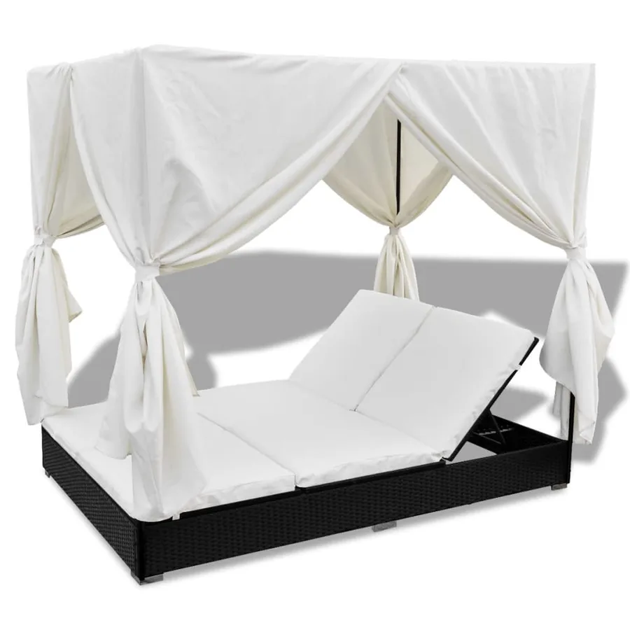 Chaise longue d'extérieur avec rideaux Résine tressée Noir - 6