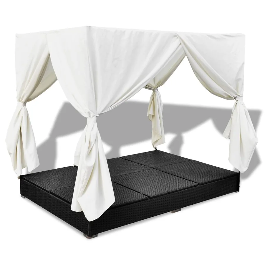 Chaise longue d'extérieur avec rideaux Résine tressée Noir - 8