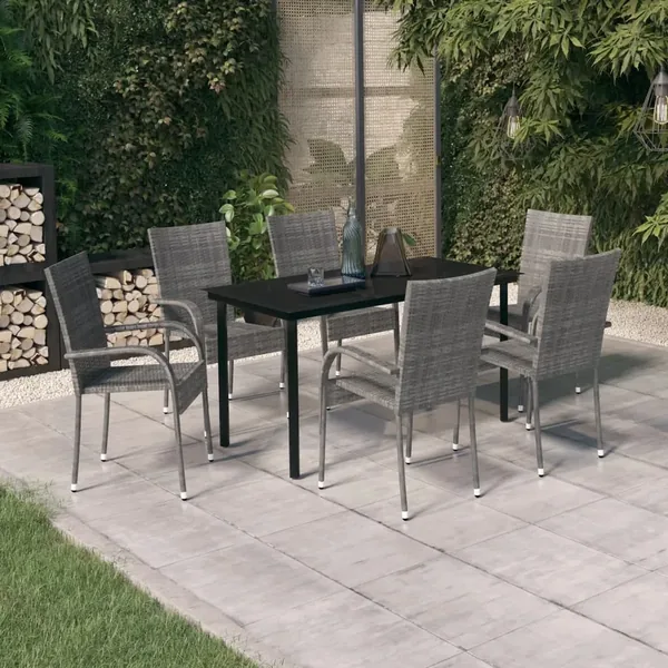 Ensemble à manger de jardin 7 pcs Gris et noir
