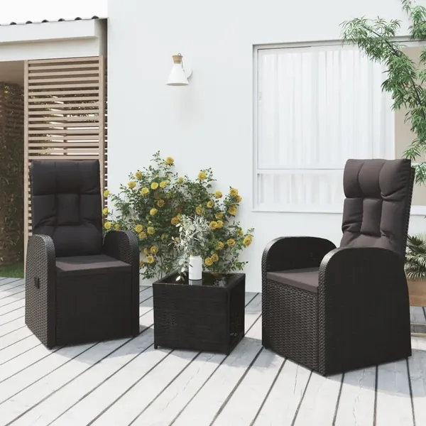 Ensemble de salon de jardin 3 pcs noir poly rotin et acier