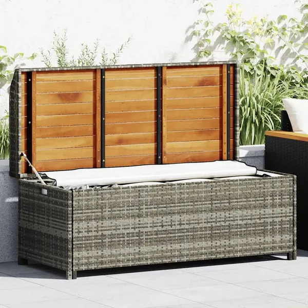 Banc de rangement de jardin 120 cm Résine tressée Gris