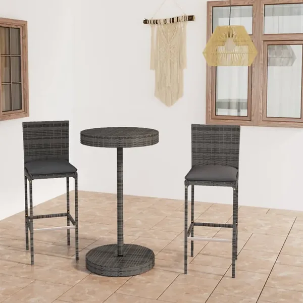 Ensemble de bar de jardin 3 pcs et coussins Résine tressée Gris