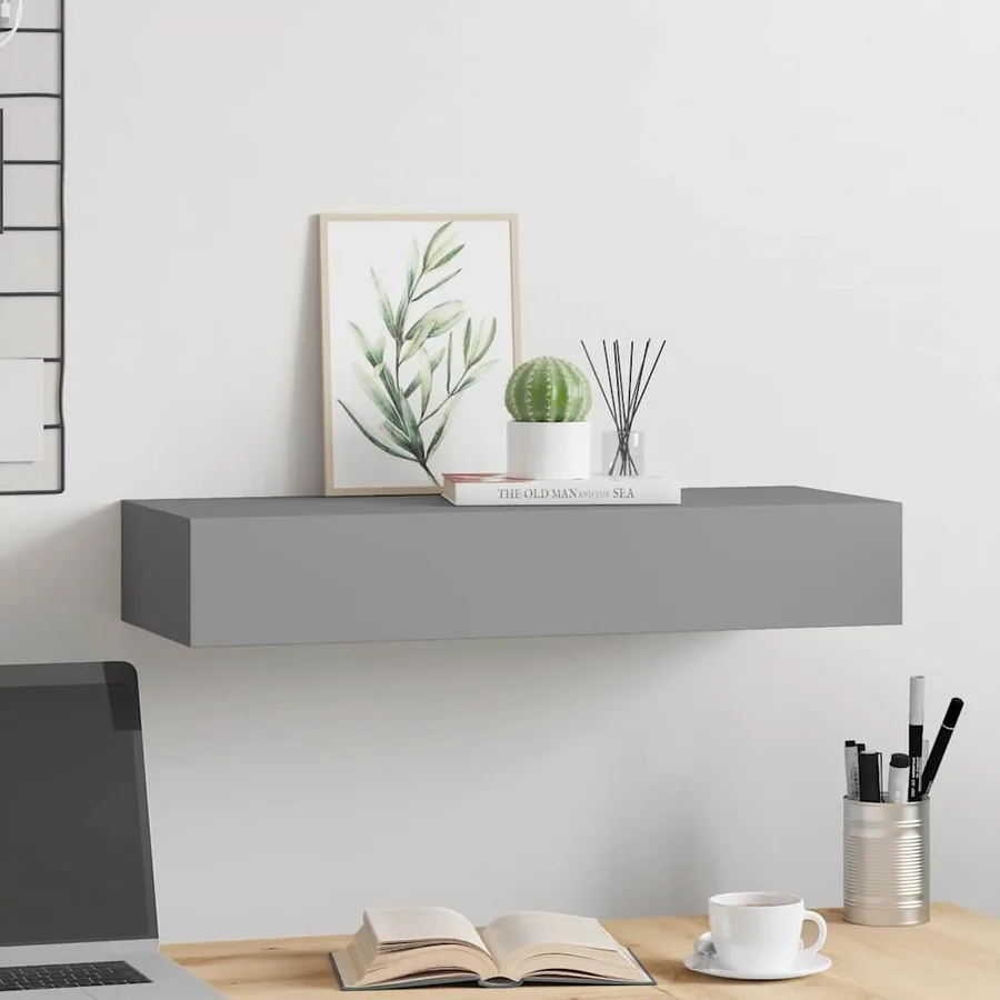Étagère à tiroir murale Gris 60x23,5x10 cm MDF - 3