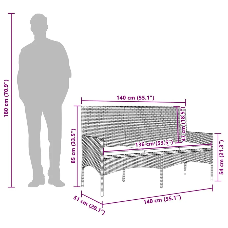 Banc de jardin à 3 places avec coussins Noir Résine tressée - 9