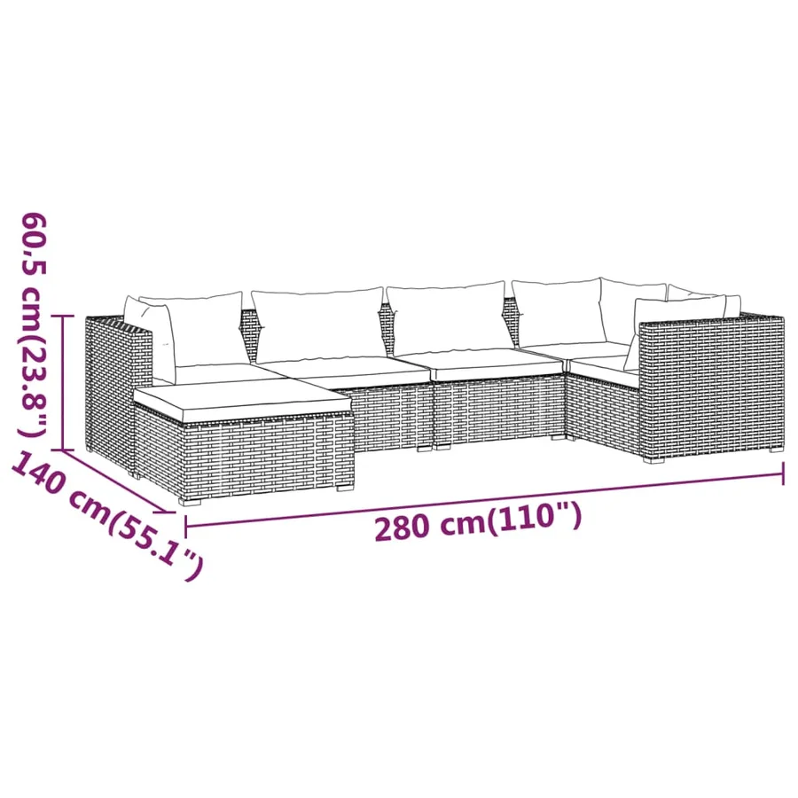 Salon de jardin 6 pcs avec coussins Résine tressée Gris - 9