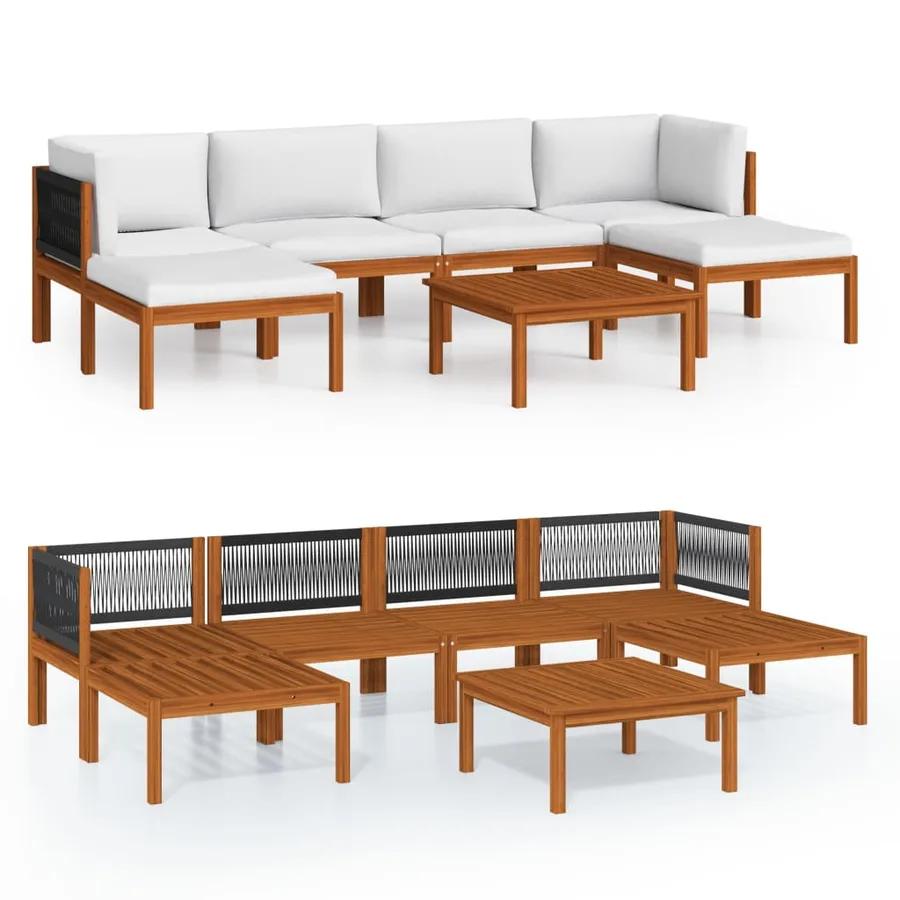 Salon de jardin 7 pièces avec coussins, bois d'acacia crème et corde - 2