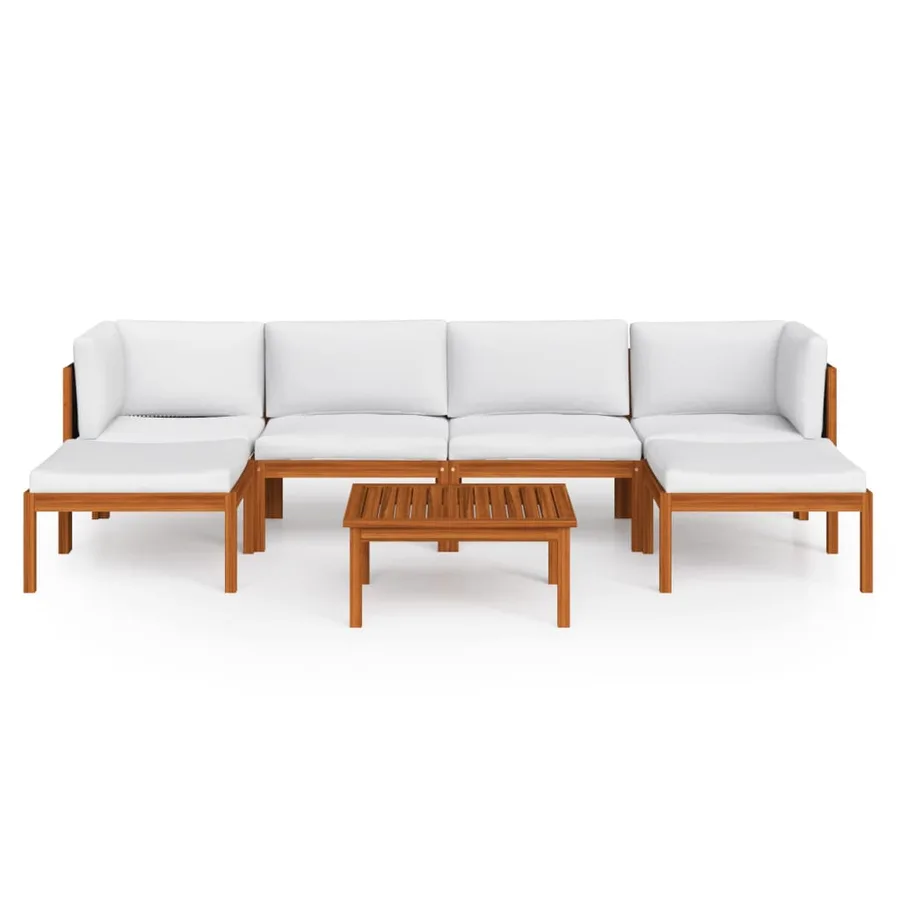 Salon de jardin 7 pièces avec coussins, bois d'acacia crème et corde - 3