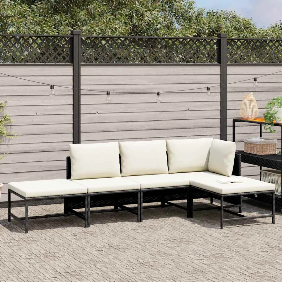 Salon de jardin 5 pcs avec coussins Noir Résine tressée - 2