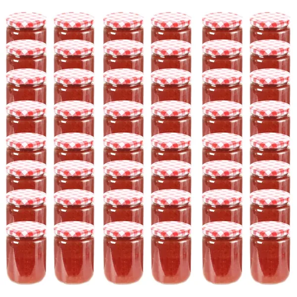 48 pcs Pots à confiture Couvercle blanc et rouge Verre 230 ml