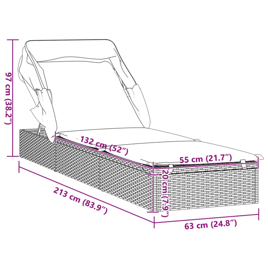 Transat avec toit pliable gris 213x63x97 cm résine tressée - 22