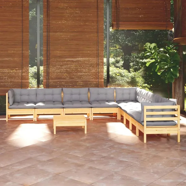 Salon de jardin 10 pcs avec coussins gris bois de pin massif
