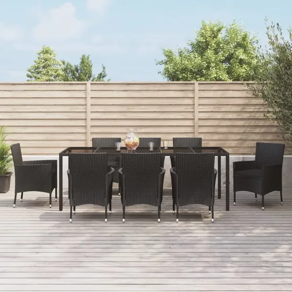 Ensemble à manger jardin 9pcs et coussins noir résine tressée