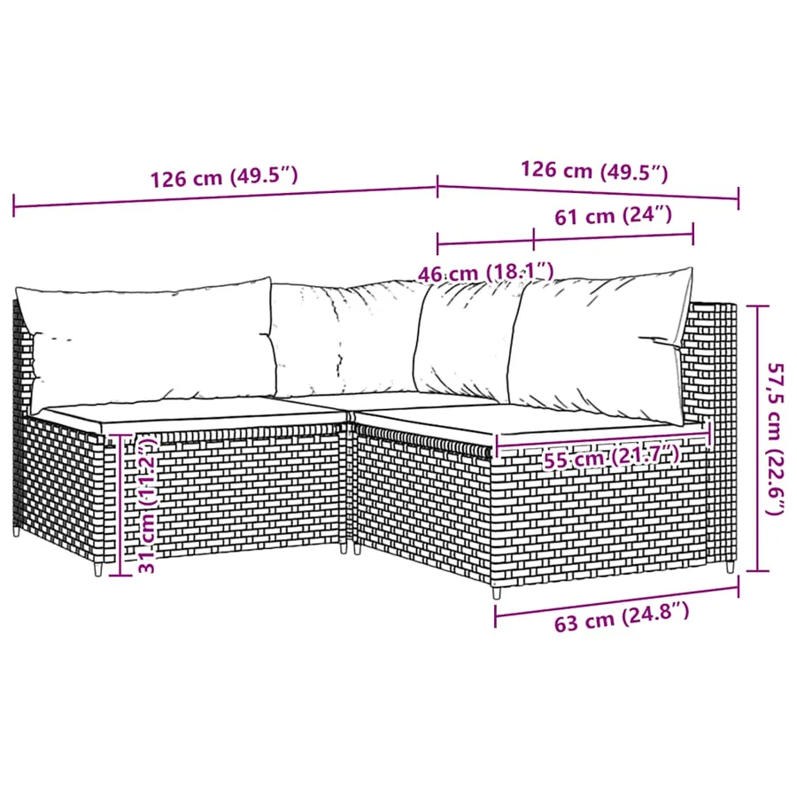 Salon de jardin 3 pcs avec coussins Noir Résine tressée - 9