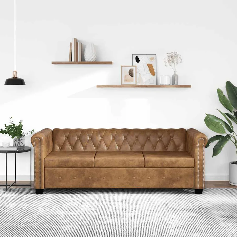 Canapé Chesterfield 3 places cuir artificiel marron