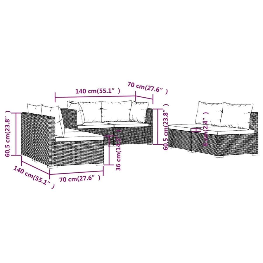 Salon de jardin 6 pcs avec coussins Résine tressée Noir - 7