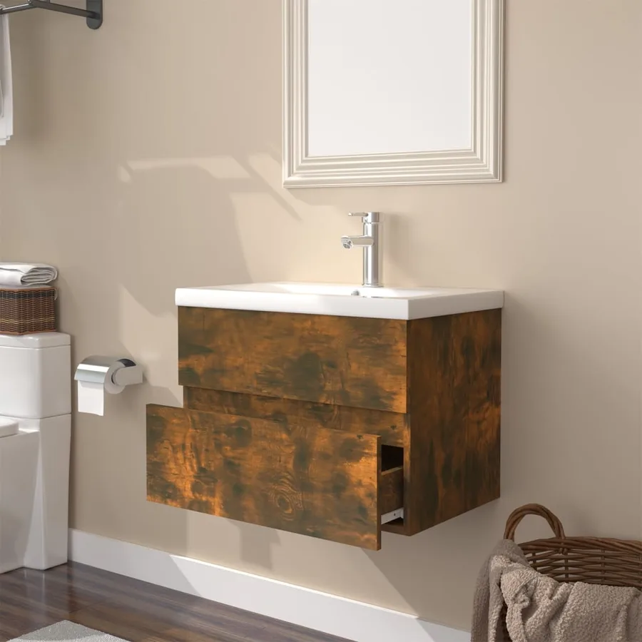 Meuble lavabo avec bassin intégré Chêne fumé Bois d'ingénierie - 4