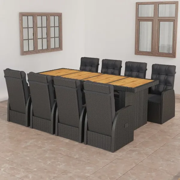 Ensemble à manger d'extérieur 9pcs coussins résine tressée noir
