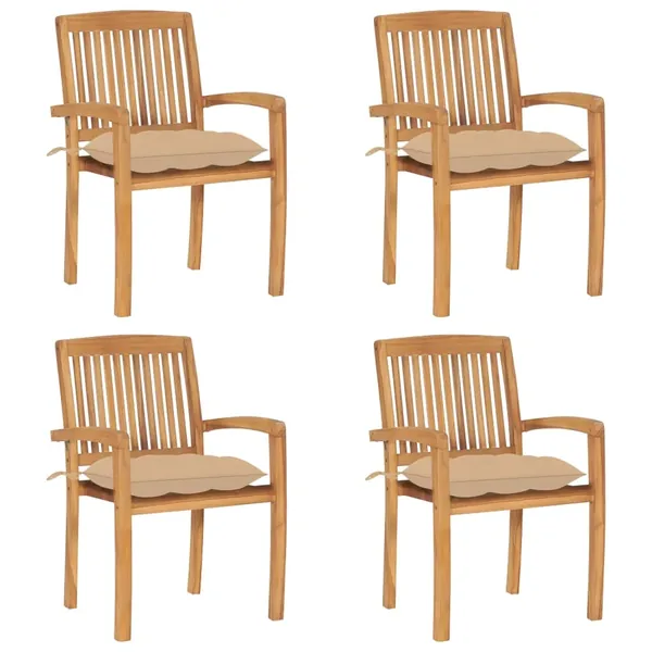 Chaises de jardin empilables avec coussins lot de 4 Teck solide