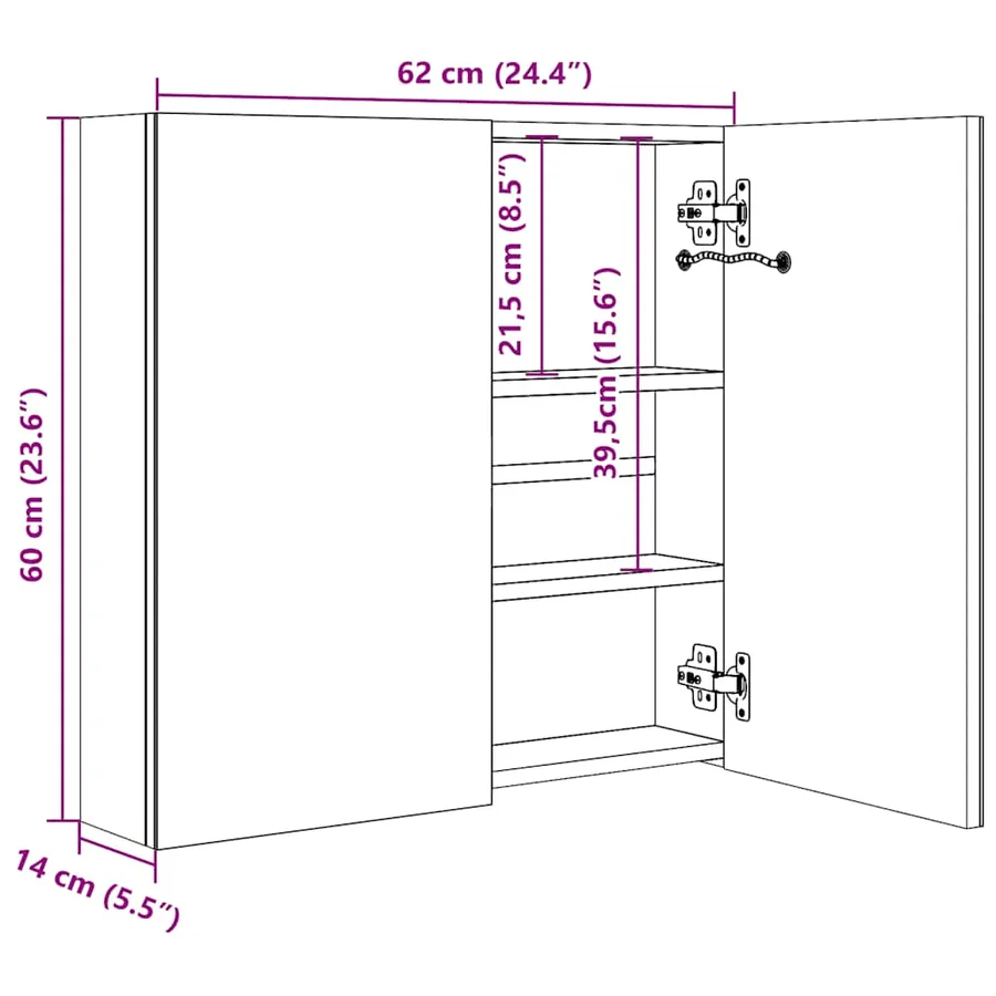 Armoire de salle de bain à miroir LED blanc et chêne 62x14x60cm - 8
