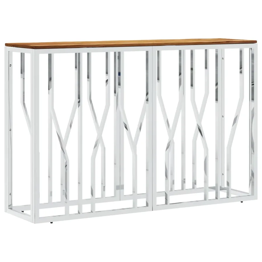 Table console argenté acier inoxydable et bois massif d'acacia - 2