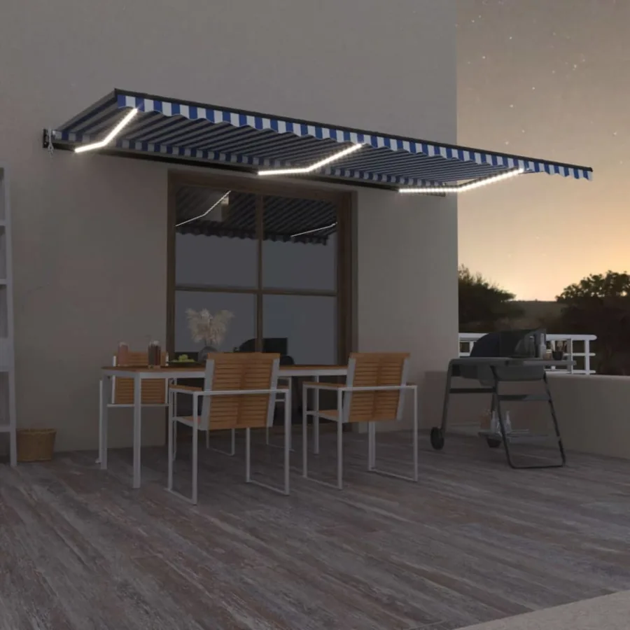Auvent automatique capteur de vent LED 600x350 cm Bleu et blanc