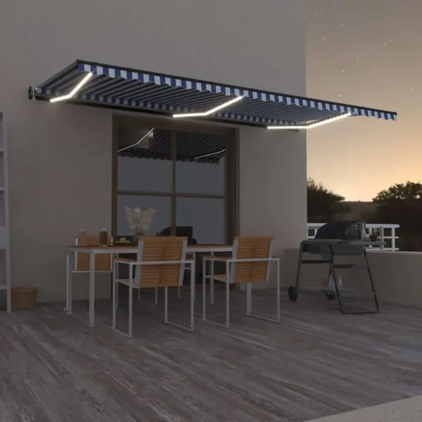 Auvent automatique capteur de vent LED 600x350 cm Bleu et blanc