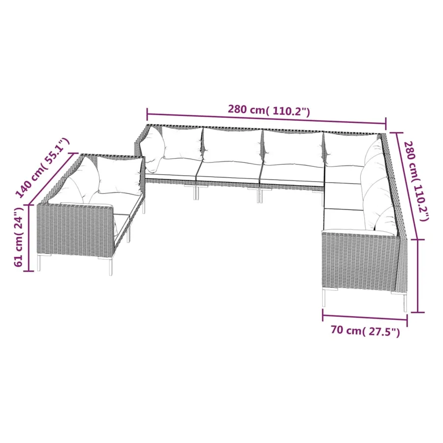 Salon de jardin 9 pcs avec coussins Résine tressée Gris foncé - 7