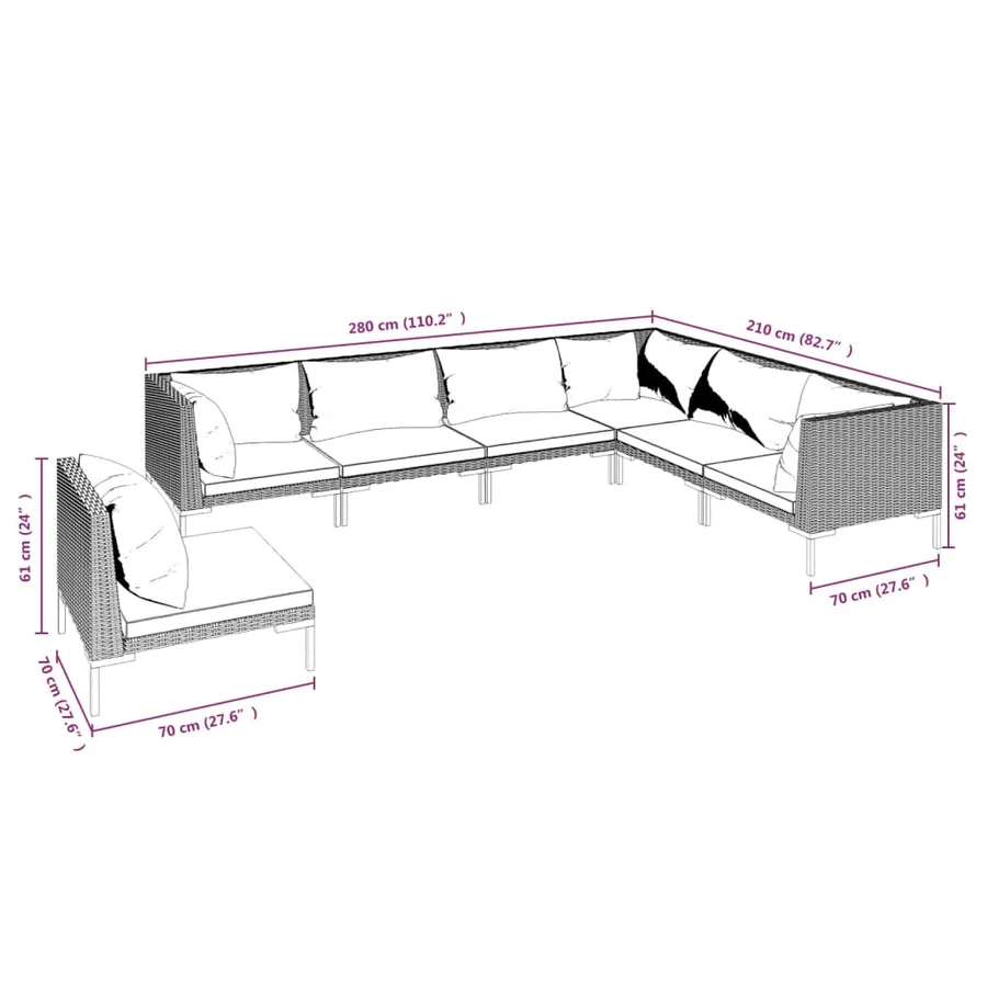 Salon de jardin 7 pcs avec coussins Résine tressée Gris foncé - 7