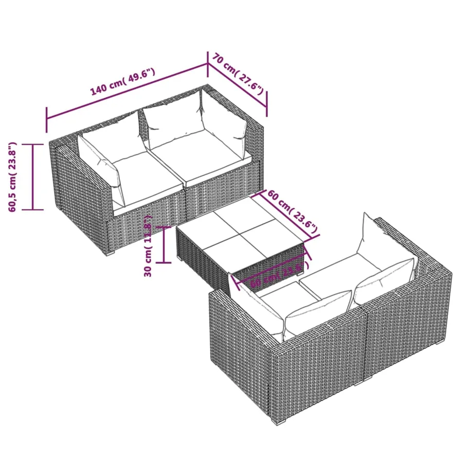 Salon de jardin 5 pcs avec coussins Résine tressée Gris - 7
