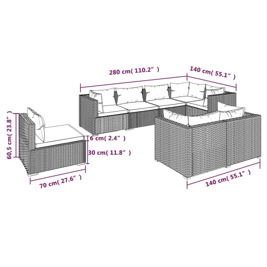 Salon de jardin 8 pcs avec coussins Résine tressée Gris - 5
