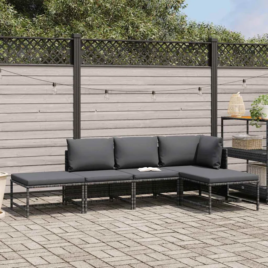 Salon de jardin 5 pcs avec coussins Gris Résine tressée - 2