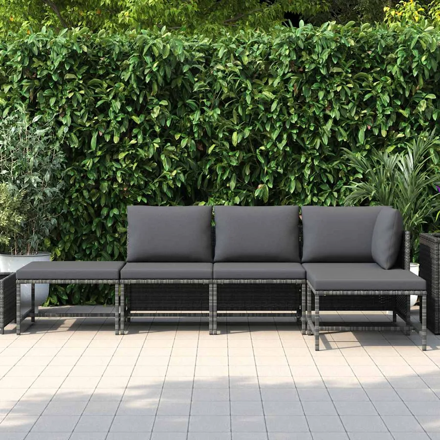Salon de jardin 5 pcs avec coussins Gris Résine tressée - 3