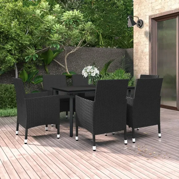 Ensemble à manger de jardin coussins 7 pcs Résine tressée Verre