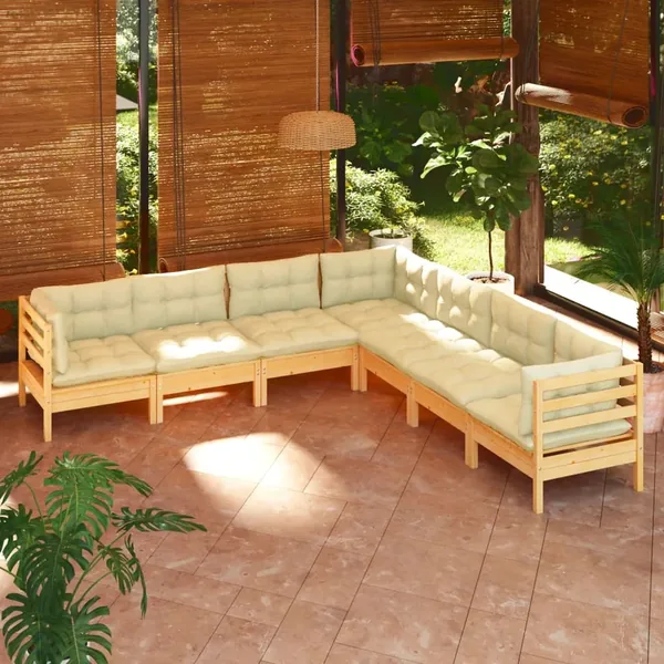 Salon de jardin 7 pcs avec coussins crème bois de pin massif