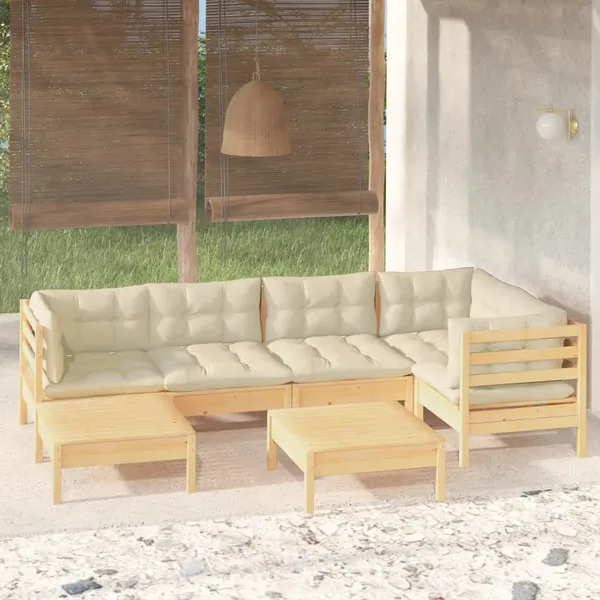 Salon de jardin 7 pcs avec coussins crème bois de pin massif