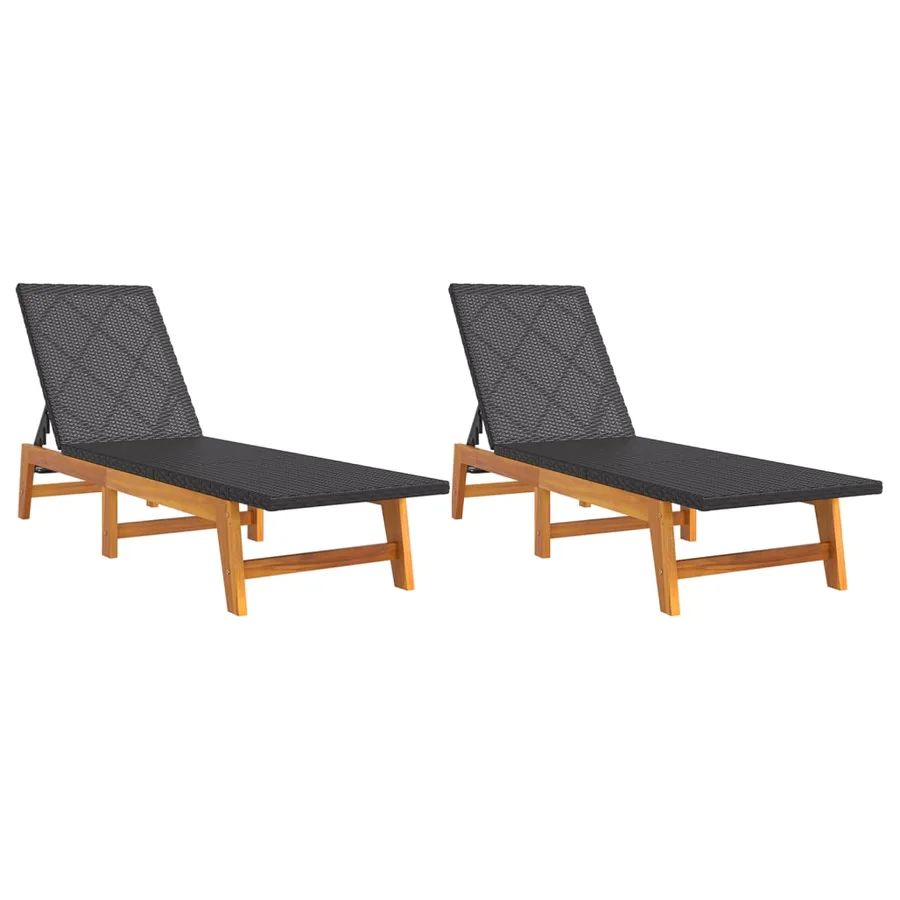 Chaises longues lot de 2 noir/marron résine tressée/bois acacia - 2