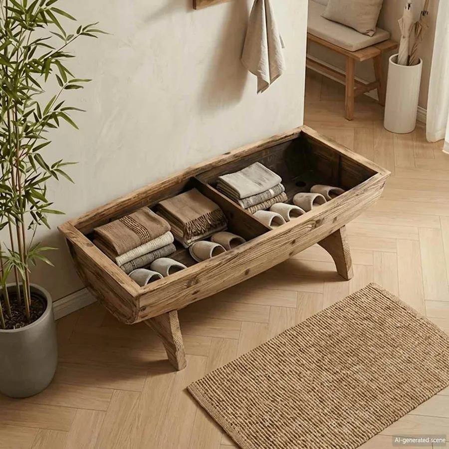 Banc de rangement Bois massif et tissu 103 x 51 x 44 cm