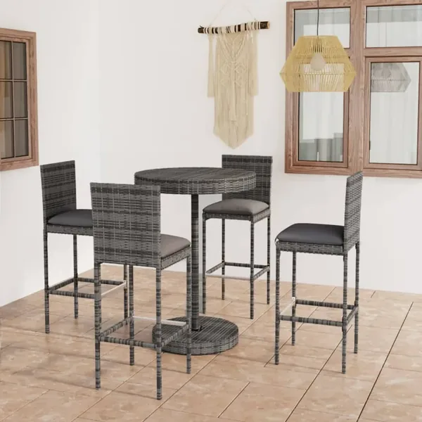 Ensemble de bar de jardin 5 pcs et coussins Résine tressée Gris