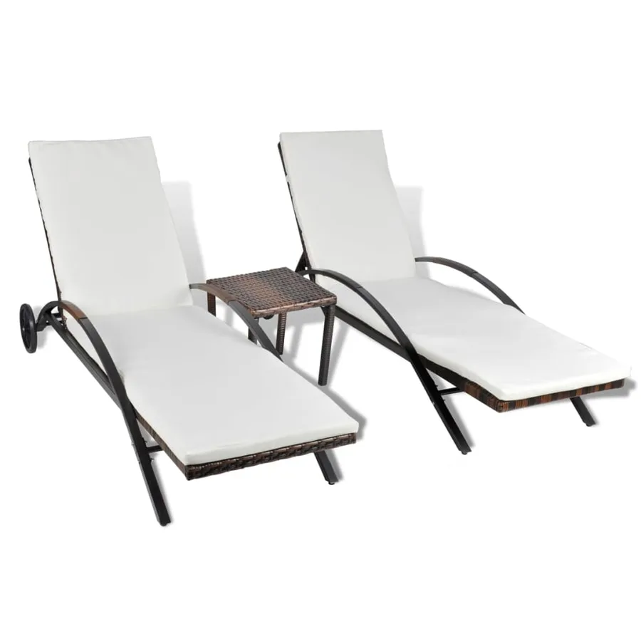 Chaises longues avec table Résine tressée Marron - 2