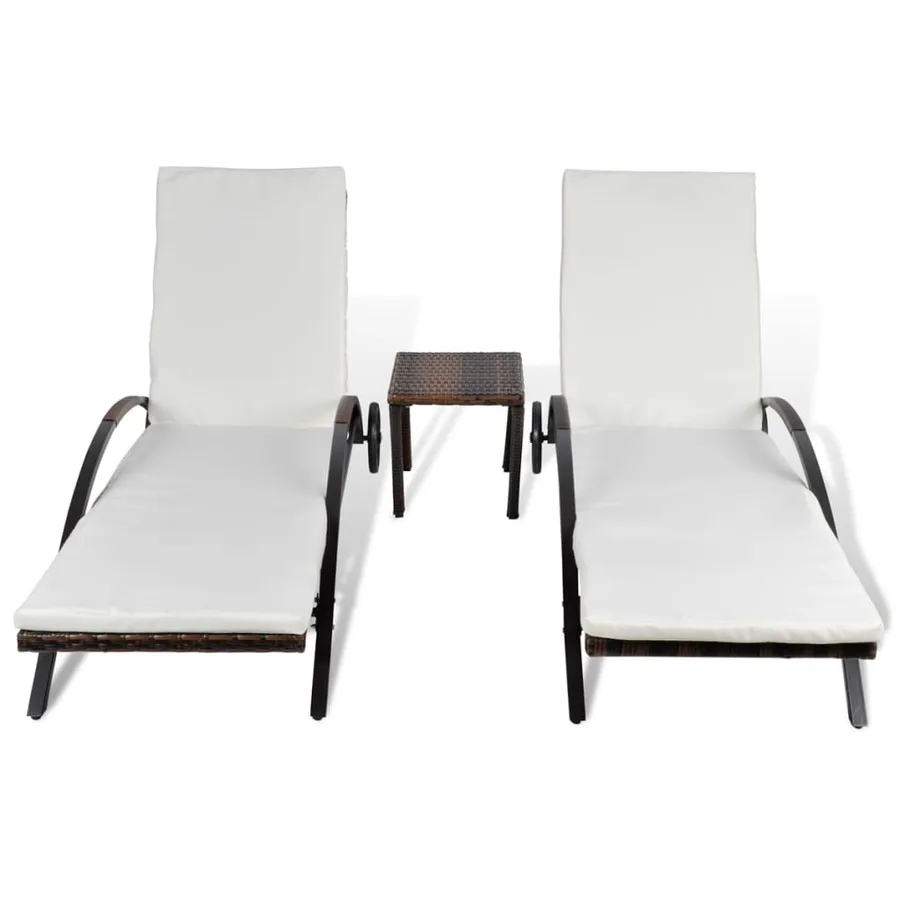 Chaises longues avec table Résine tressée Marron - 3