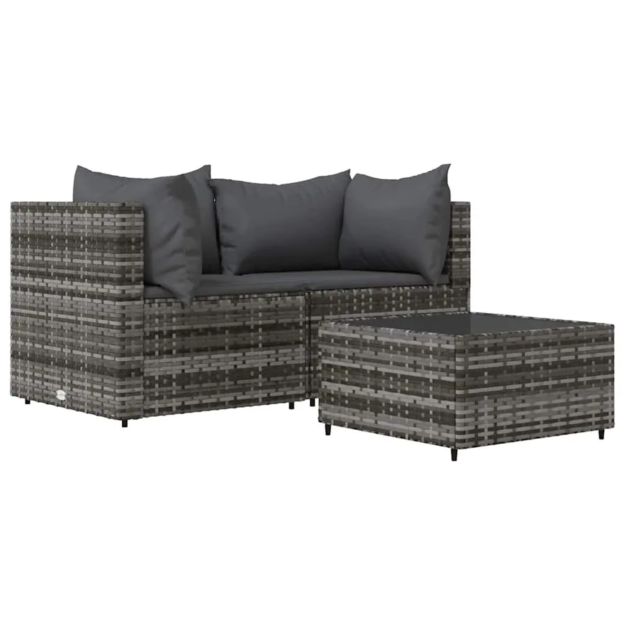 Salon de jardin 3 pcs avec coussins Gris Résine tressée - 2