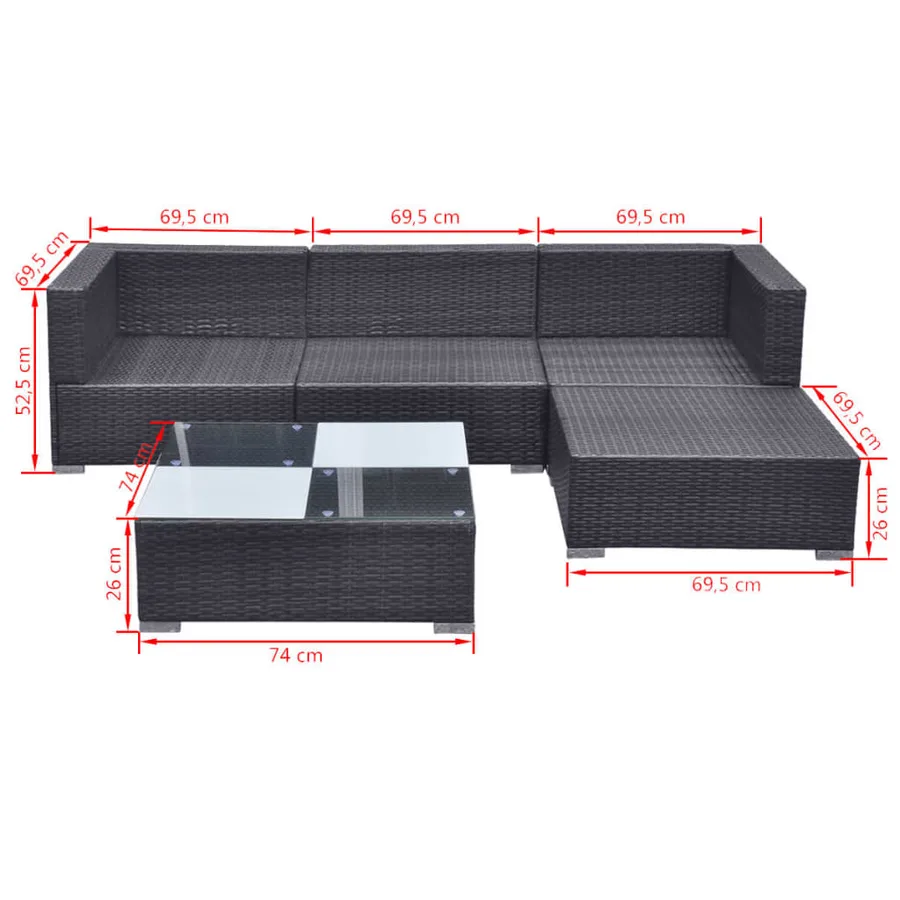 Salon de jardin 5 pcs avec coussins Résine tressée Noir - 11