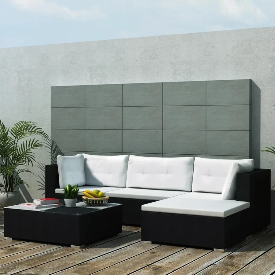 Salon de jardin 5 pcs avec coussins Résine tressée Noir - 2