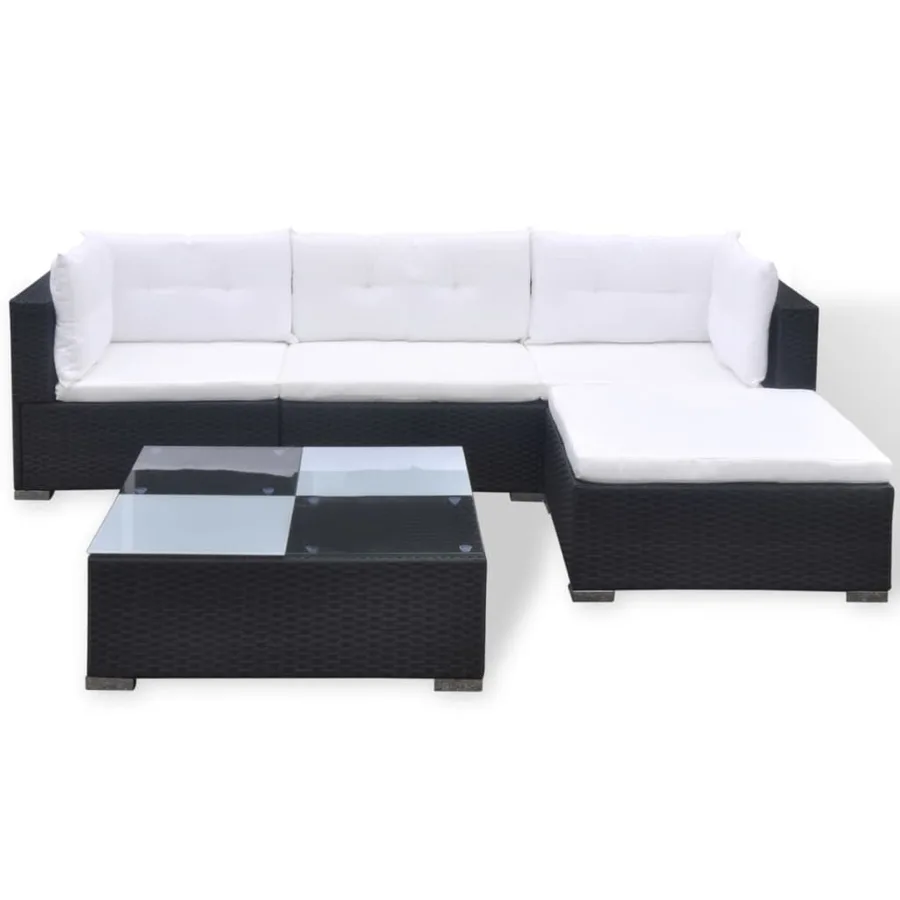 Salon de jardin 5 pcs avec coussins Résine tressée Noir - 4