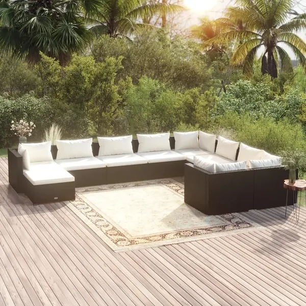 Salon de jardin 10 pcs avec coussins Résine tressée Noir