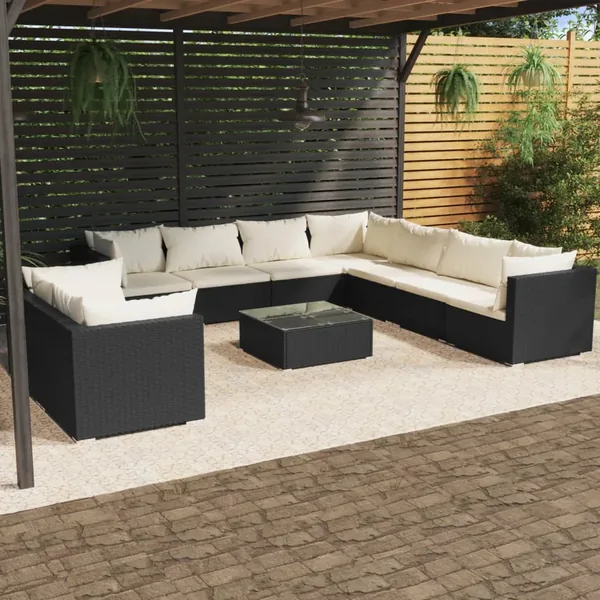 Salon de jardin 10 pcs avec coussins noir résine tressée
