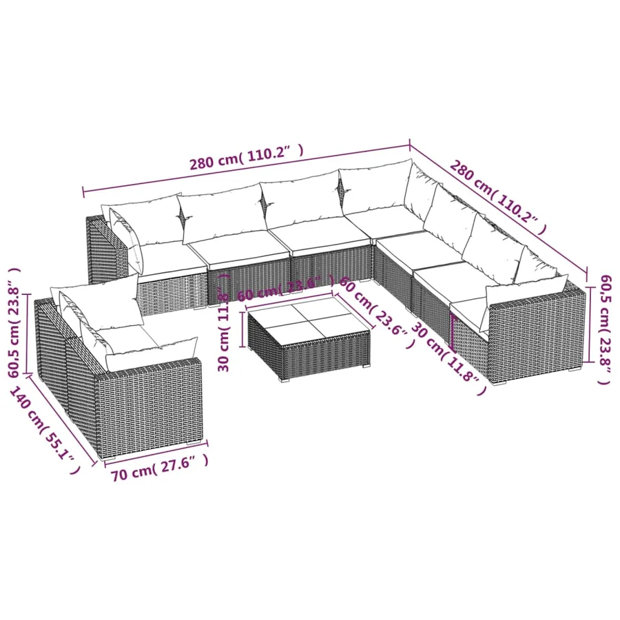 Salon de jardin 10 pcs avec coussins noir résine tressée - 6
