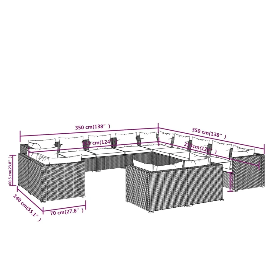 Salon de jardin 13 pcs avec coussins Noir Résine tressée - 7